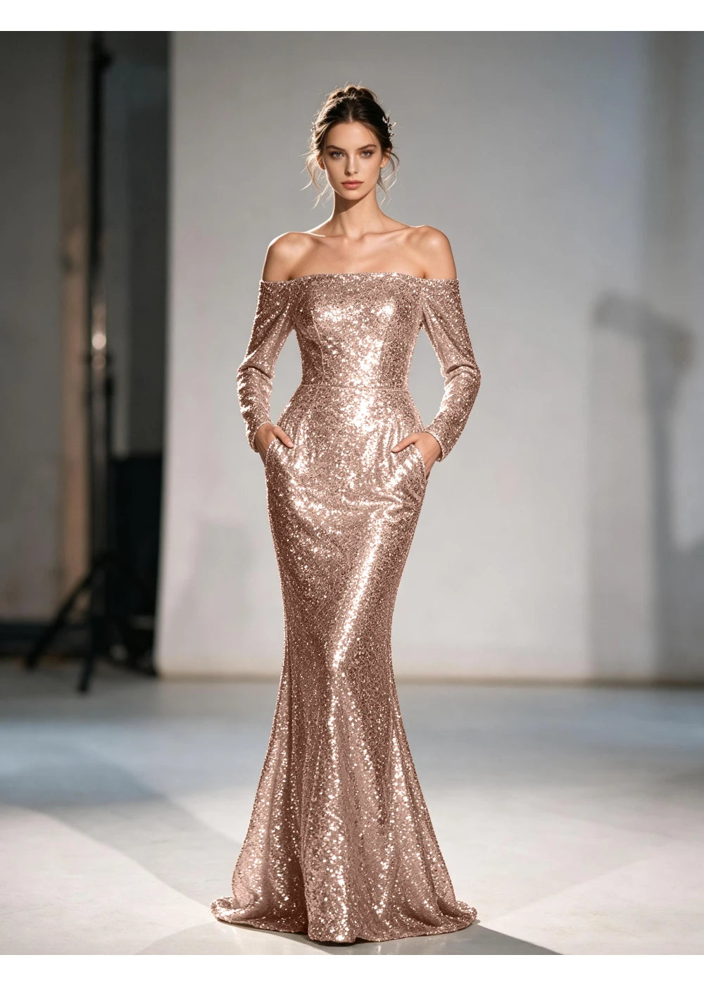 Front view of the rose gold sequin mermaid gown with the same formal silhouette