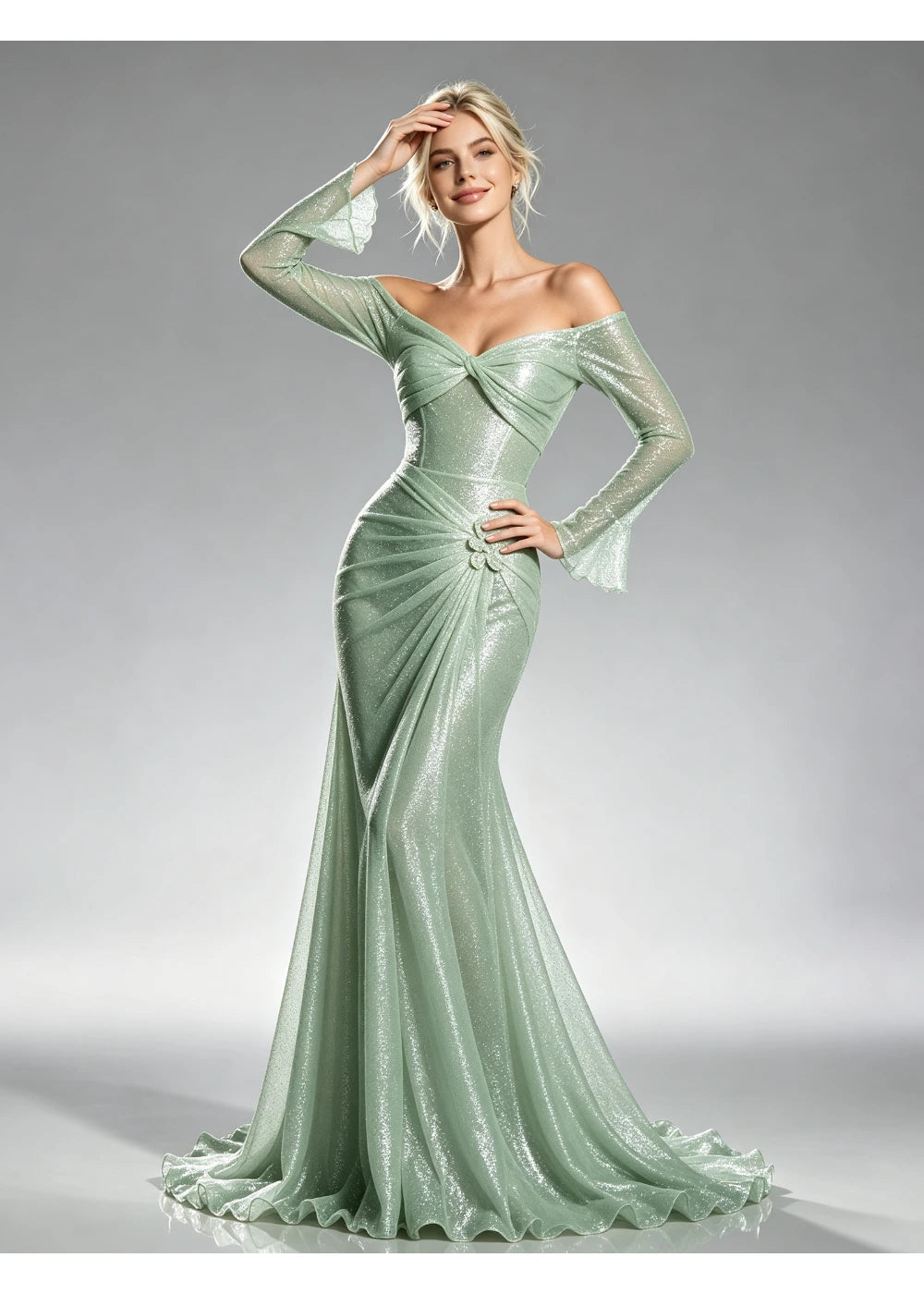 Front view of the sage green sequin ruched gown with the same formal silhouette