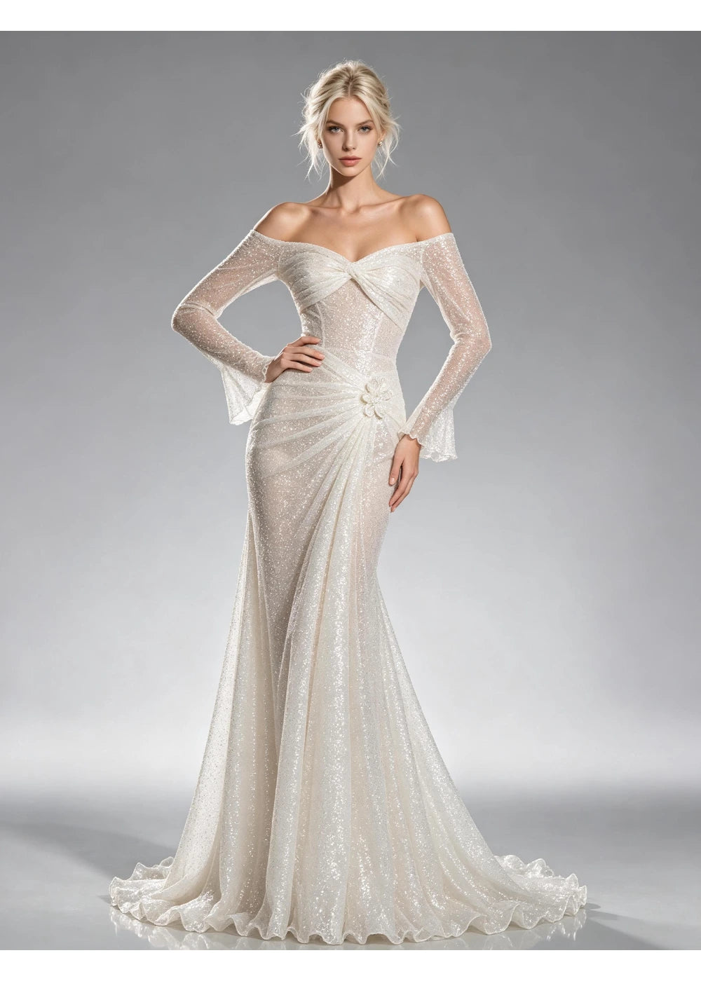 Three-quarter front view of the off-shoulder white bodice and flared cuffs