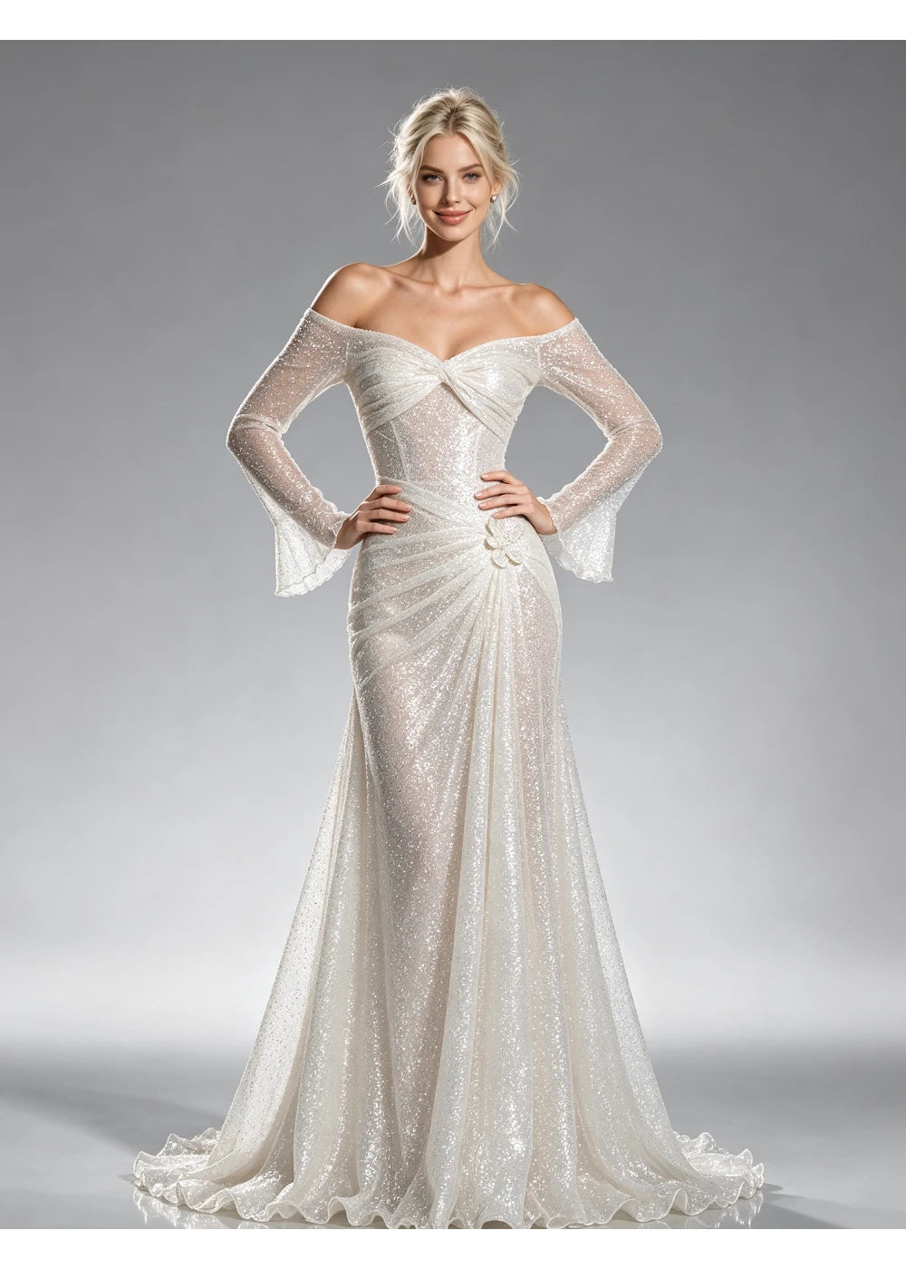 Front view of the white ruched evening gown with long sequin sleeves