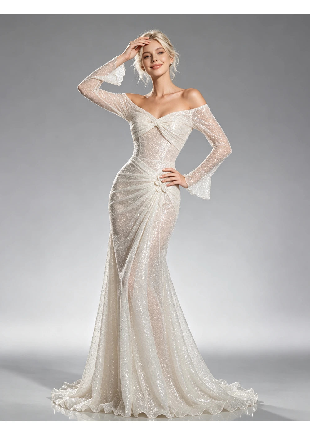 Front view of a white off-shoulder sequin gown with diagonal ruching and flared sleeve cuffs