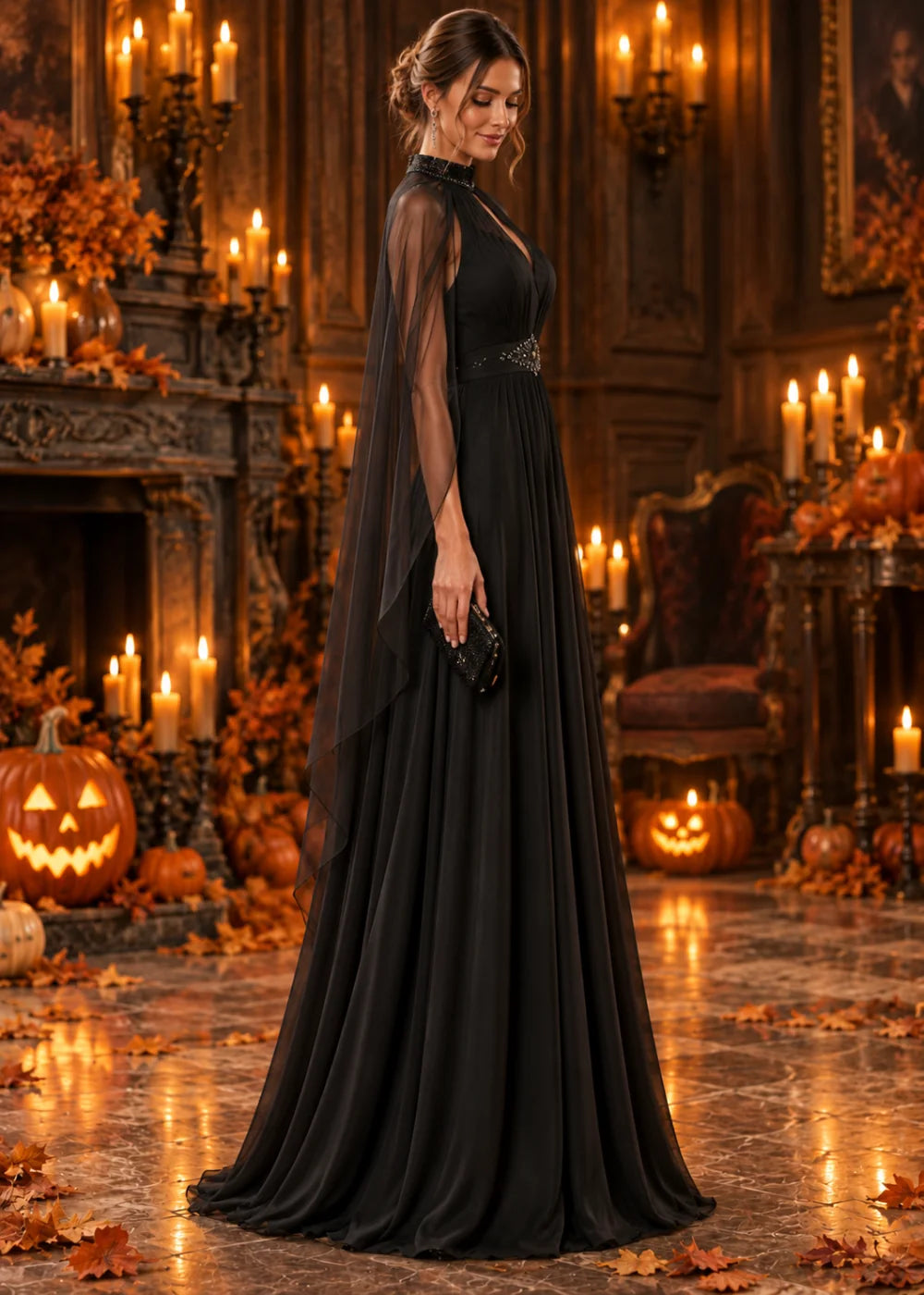 Side view of the black gown, featuring the high collar, long keyhole, sheer cape layer and gathered black skirt.