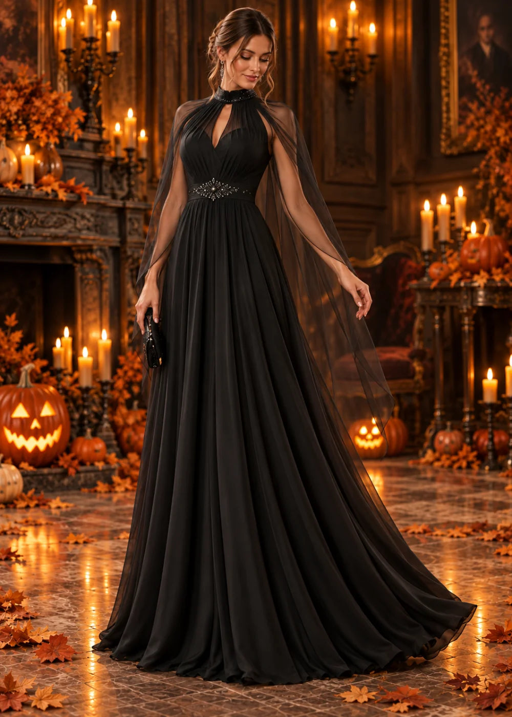 Alternate view of the black gown, highlighting the high collar, long keyhole, sheer cape layer and gathered black skirt.