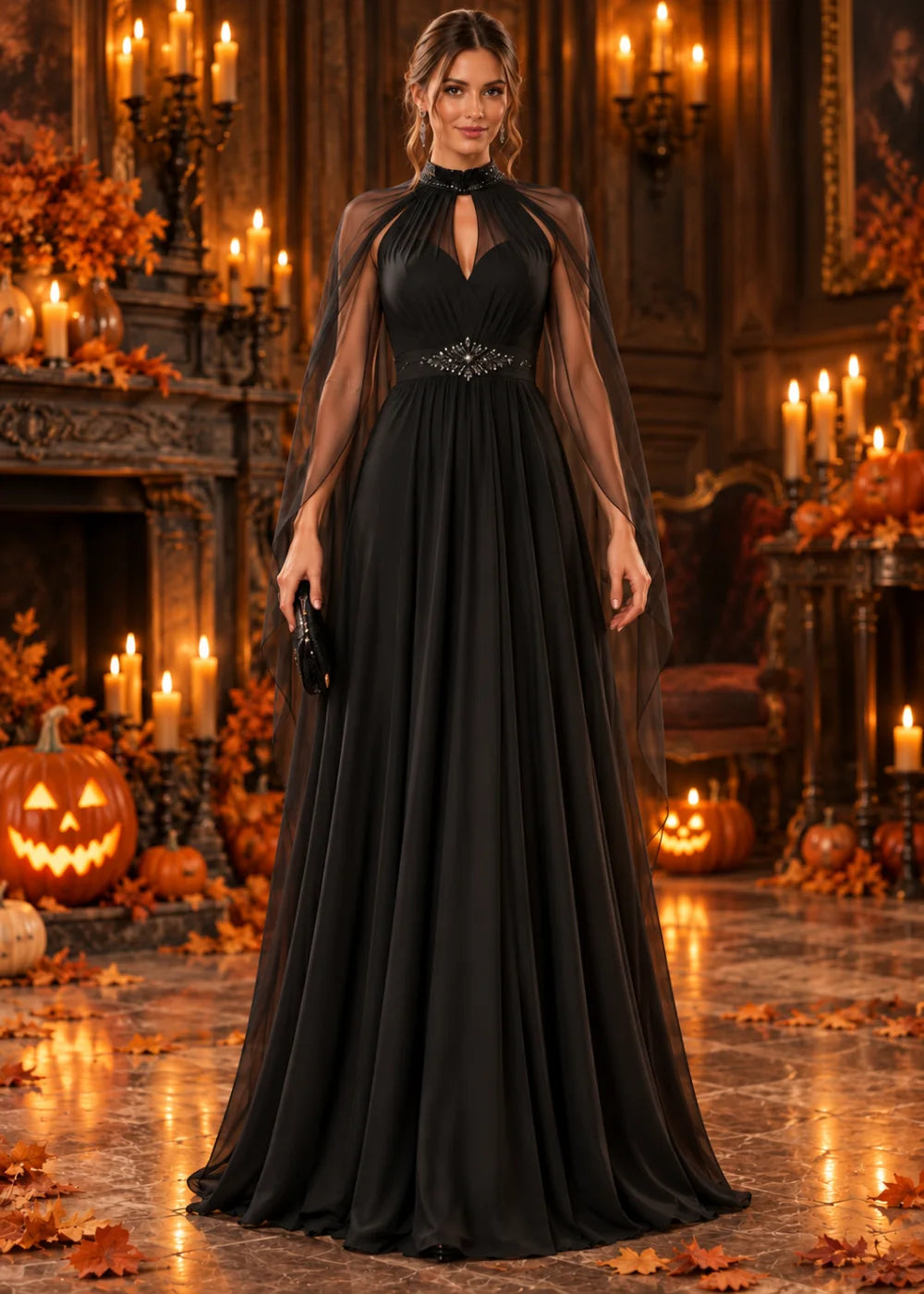 Black high-neck keyhole cape evening gown