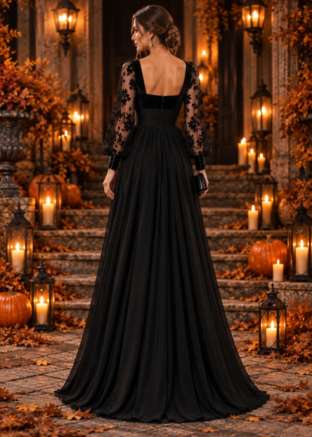 Back view of the black gown showing the square neckline, broad shoulder line and gathered waistband.