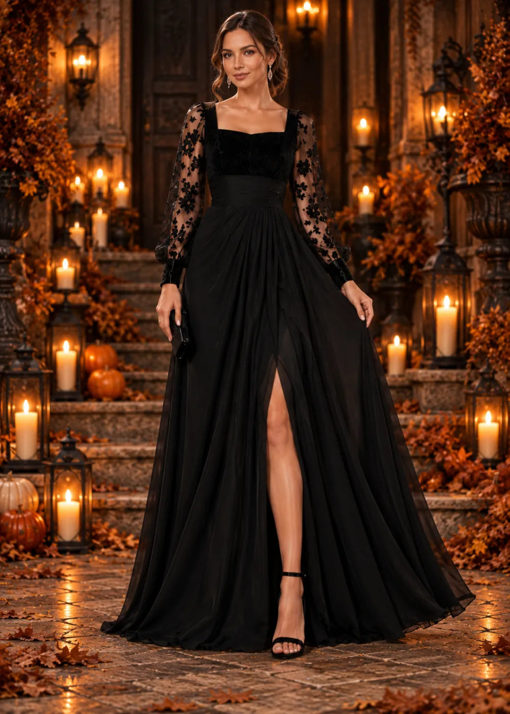 Front view of the black gown featuring the black square neckline, floral sleeves, wide ruched waist and high slit.