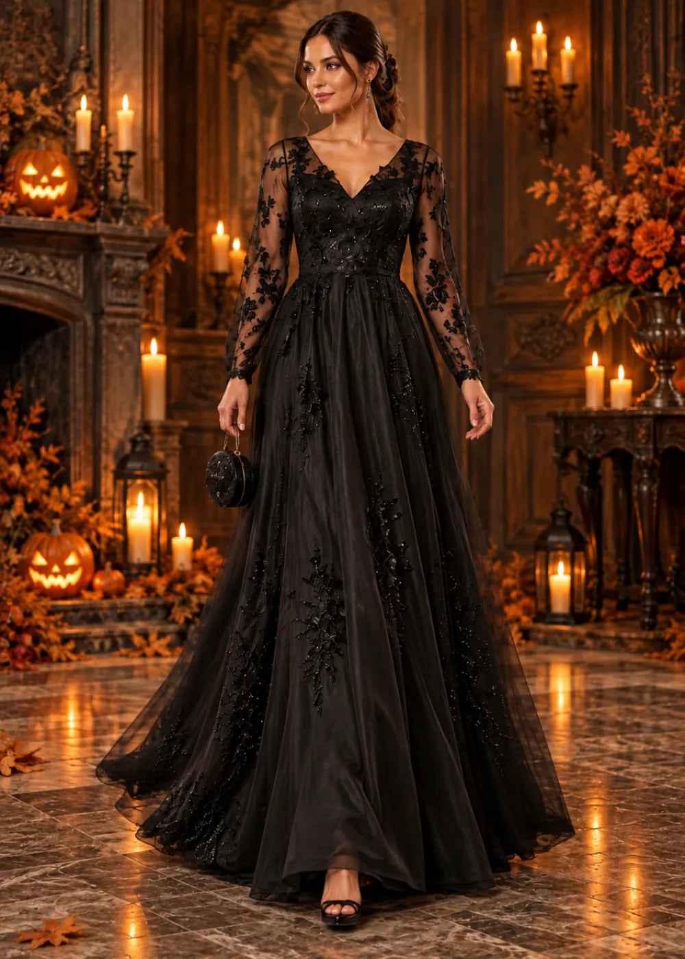 Front view of the black gown with its skirt moving; the black V neckline, floral sleeves and spaced vine motifs on the A-line skirt.