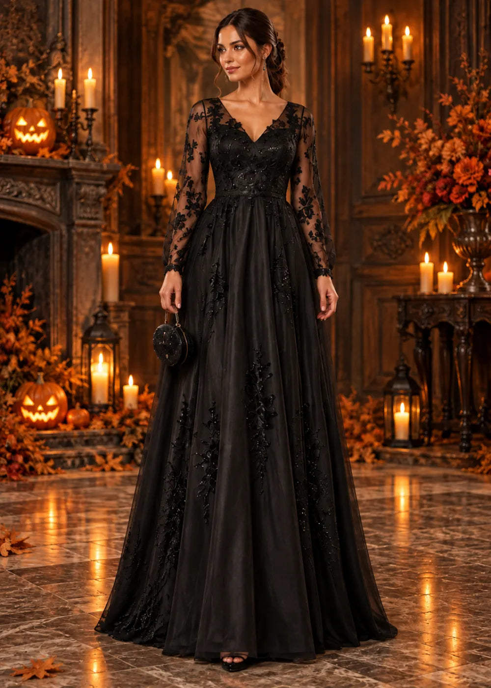 Alternate front view of the black gown showing the black V neckline, floral sleeves and spaced vine motifs on the A-line skirt.