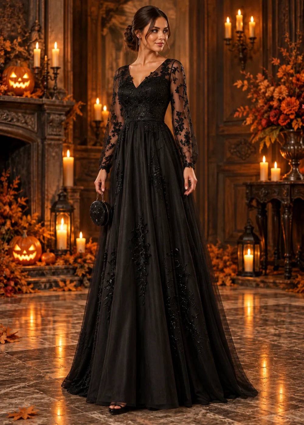 Three-quarter front view of the black gown with the black V neckline, floral sleeves and spaced vine motifs on the A-line skirt.