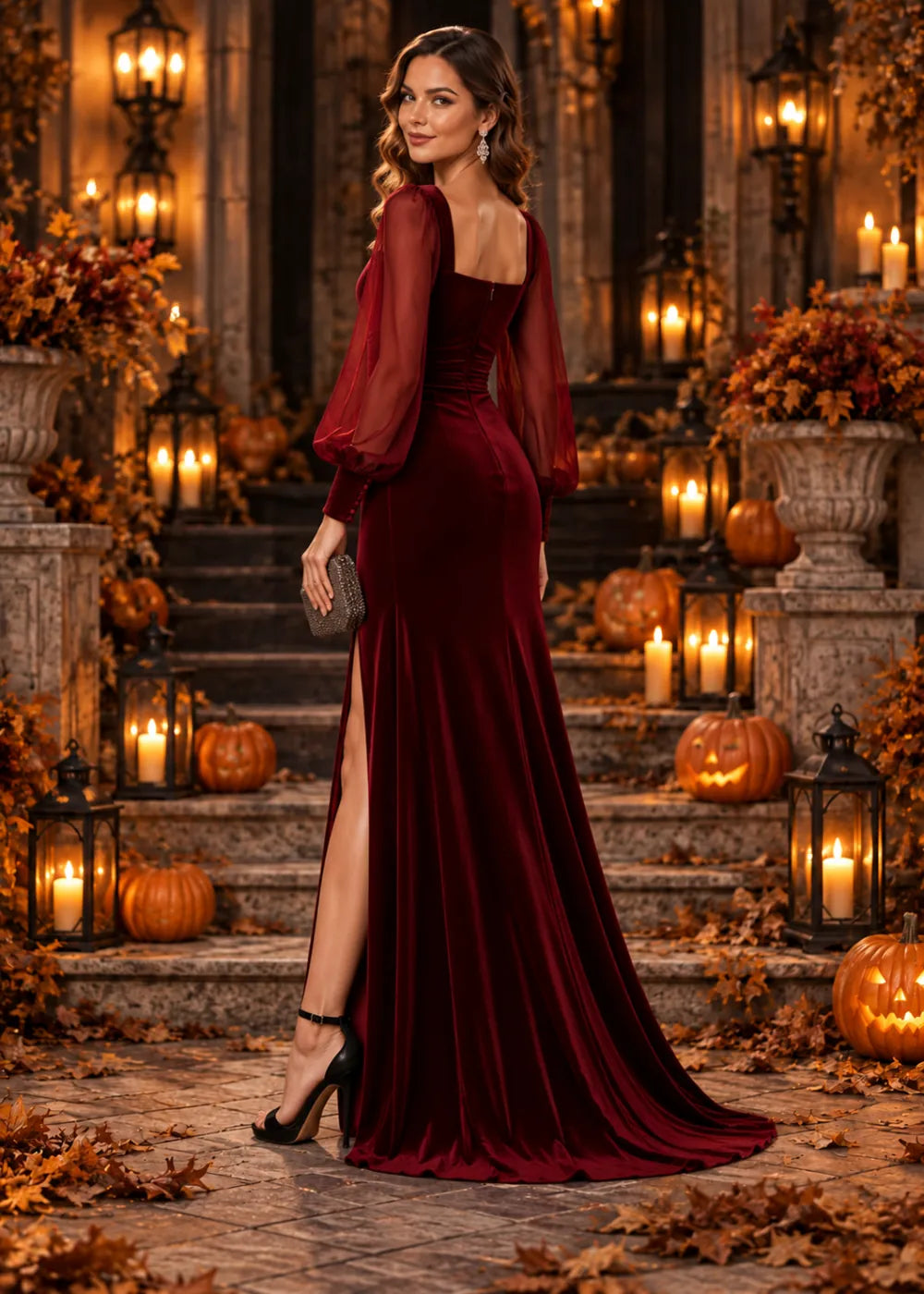 Three-quarter back view of the burgundy gown, showing the low square back and horizontal waist ruching.