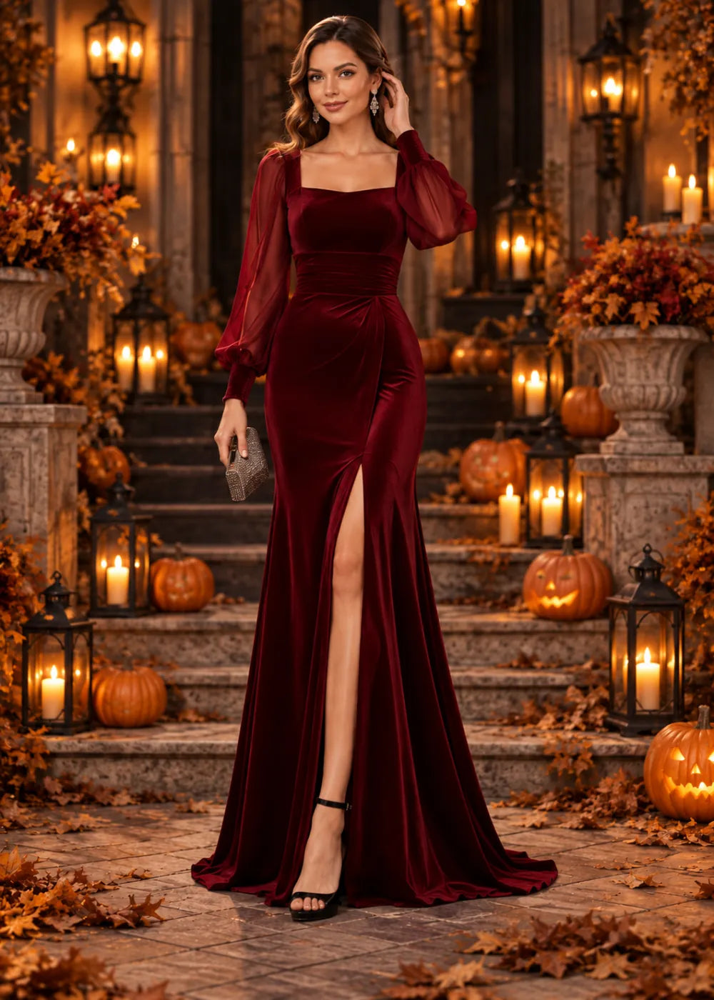 Alternate view of the burgundy gown highlighting the burgundy square neckline, billowing sheer sleeves and front-side slit.