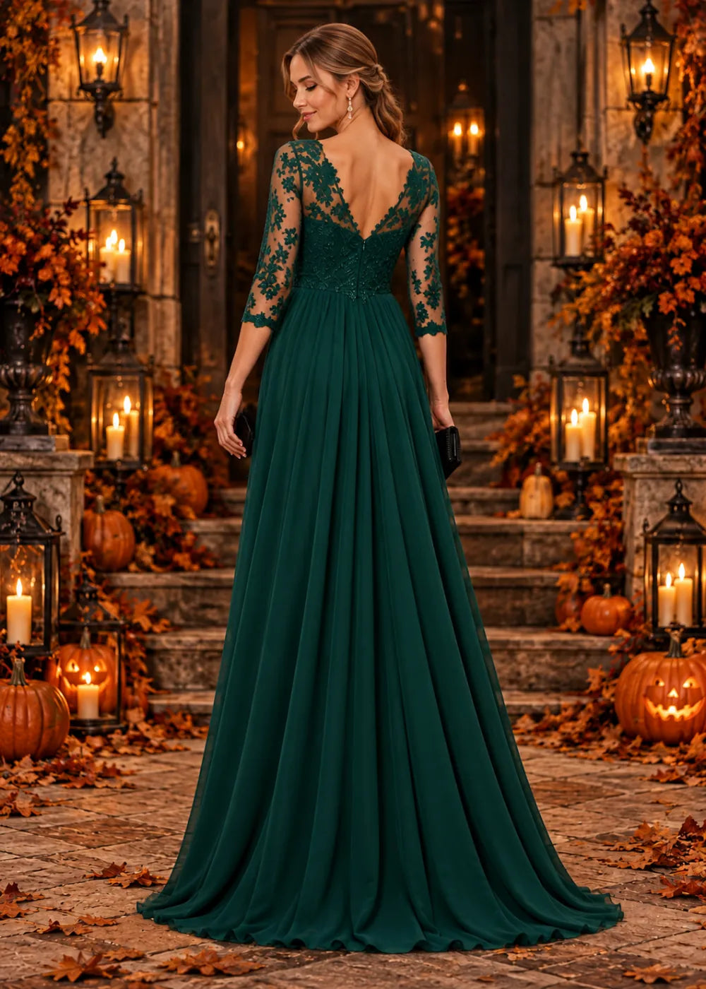 Back view of the deep-green gown showing its V-shaped lace-edged back and floor-length skirt.
