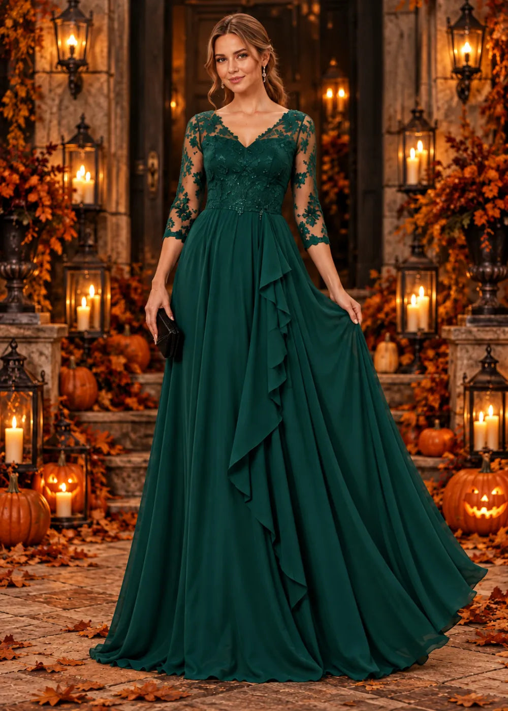 Front view of the deep green gown with its skirt in motion; the deep-green V-neck lace bodice, sheer three-quarter sleeves and cascading side ruffle.