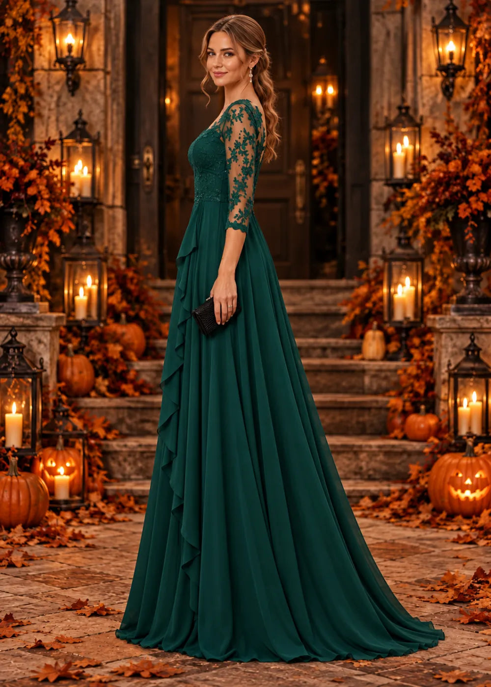 Side view of the deep green gown, featuring the deep-green V-neck lace bodice, sheer three-quarter sleeves and cascading side ruffle.