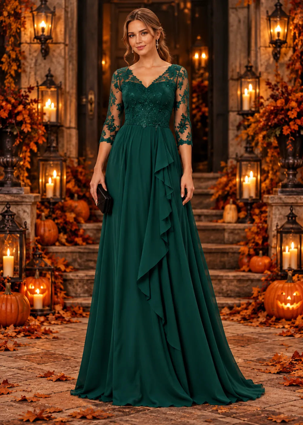 Front view of the deep green gown, featuring the deep-green V-neck lace bodice, sheer three-quarter sleeves and cascading side ruffle.
