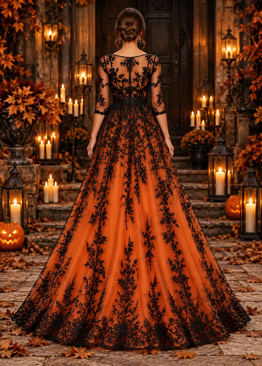 Back view showing sheer floral lace over orange lining and a long skirt finished with a dense scalloped black border.