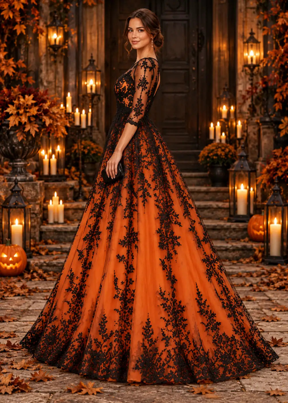 Three-quarter front view of the orange/black gown with an allover orange-and-black floral-lace overlay, sheer three-quarter sleeves and a scalloped floor-length hem.
