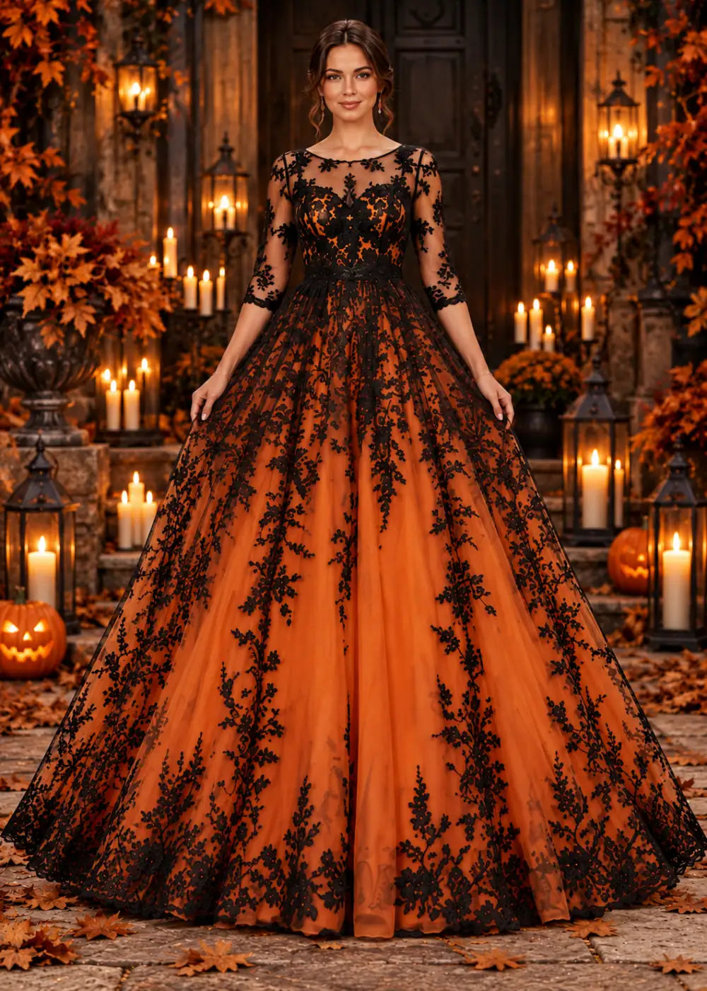 Alternate front view of the orange/black gown, showing an allover orange-and-black floral-lace overlay, sheer three-quarter sleeves and a scalloped floor-length hem.
