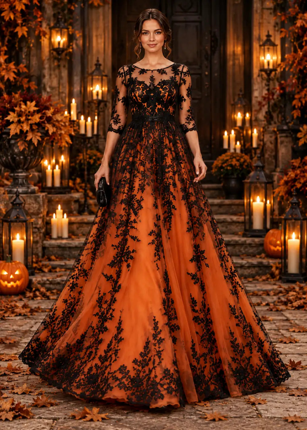 Front view of the orange/black gown, featuring an allover orange-and-black floral-lace overlay, sheer three-quarter sleeves and a scalloped floor-length hem.
