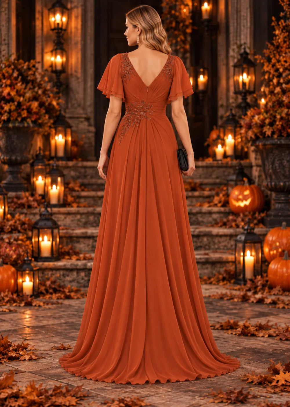 Back view showing the V-shaped back and diagonal decoration at the rust-orange waist.