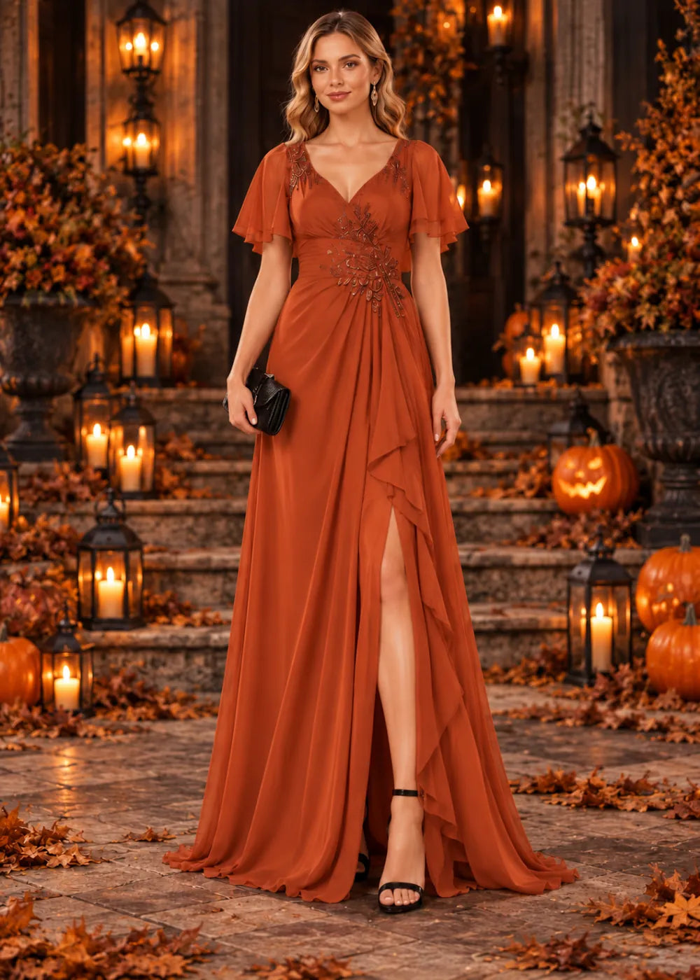 Front view of the rust orange gown, featuring the rust-orange V neckline, flutter sleeves, diagonal bodice decoration and side ruffle.