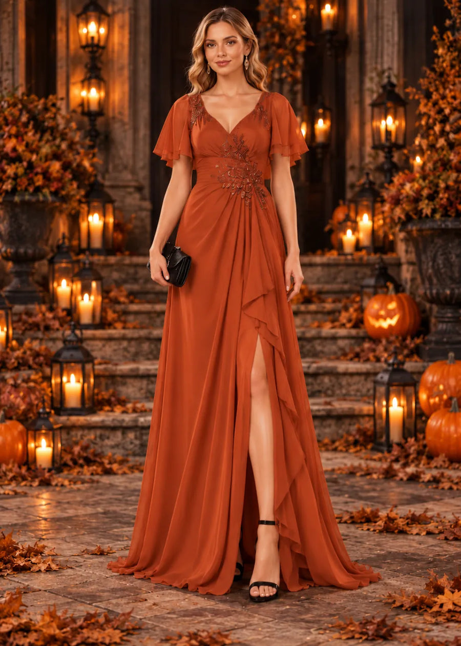Rust Orange Flutter-Sleeve Ruffle Slit Gown