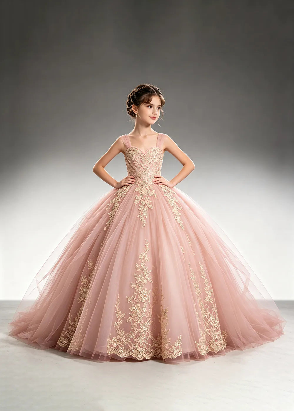 Metallic Appliqué Flower Girl Ball Gown Dress