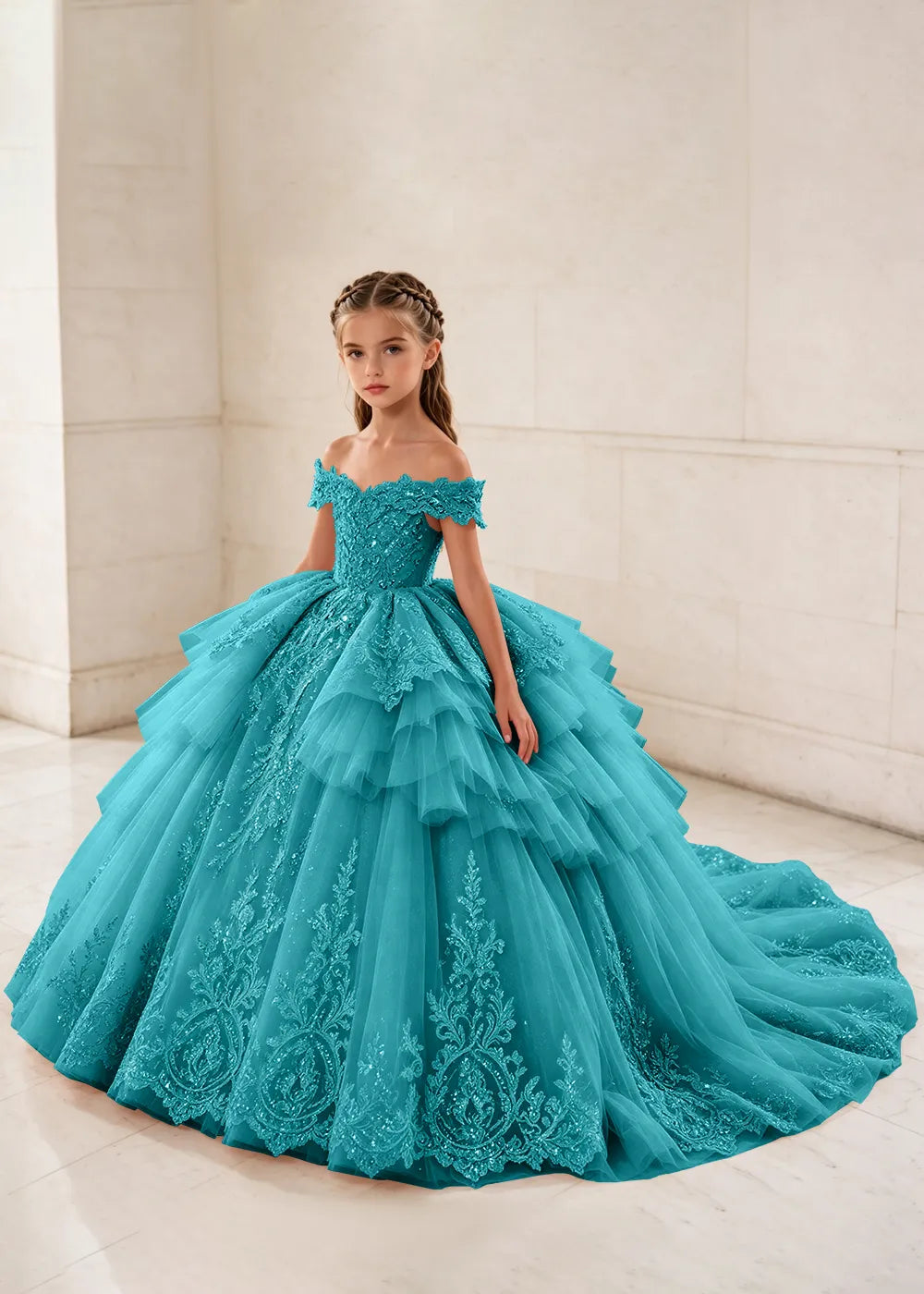 Ruffled Off Shoulder Lace Flower Girl Ball Gown Dress