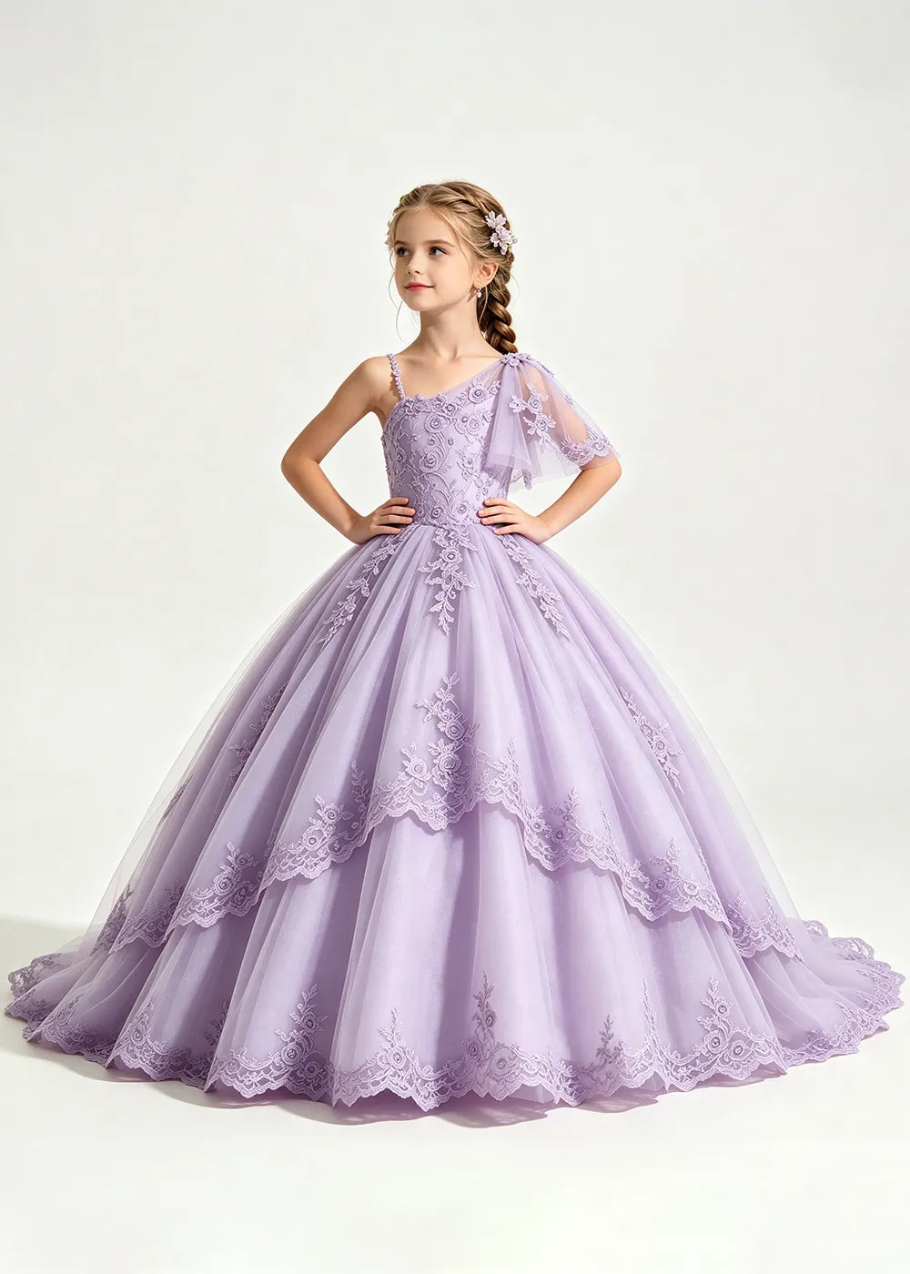 One-Shoulder Floral Lace Flower Girl Ball Gown Dress