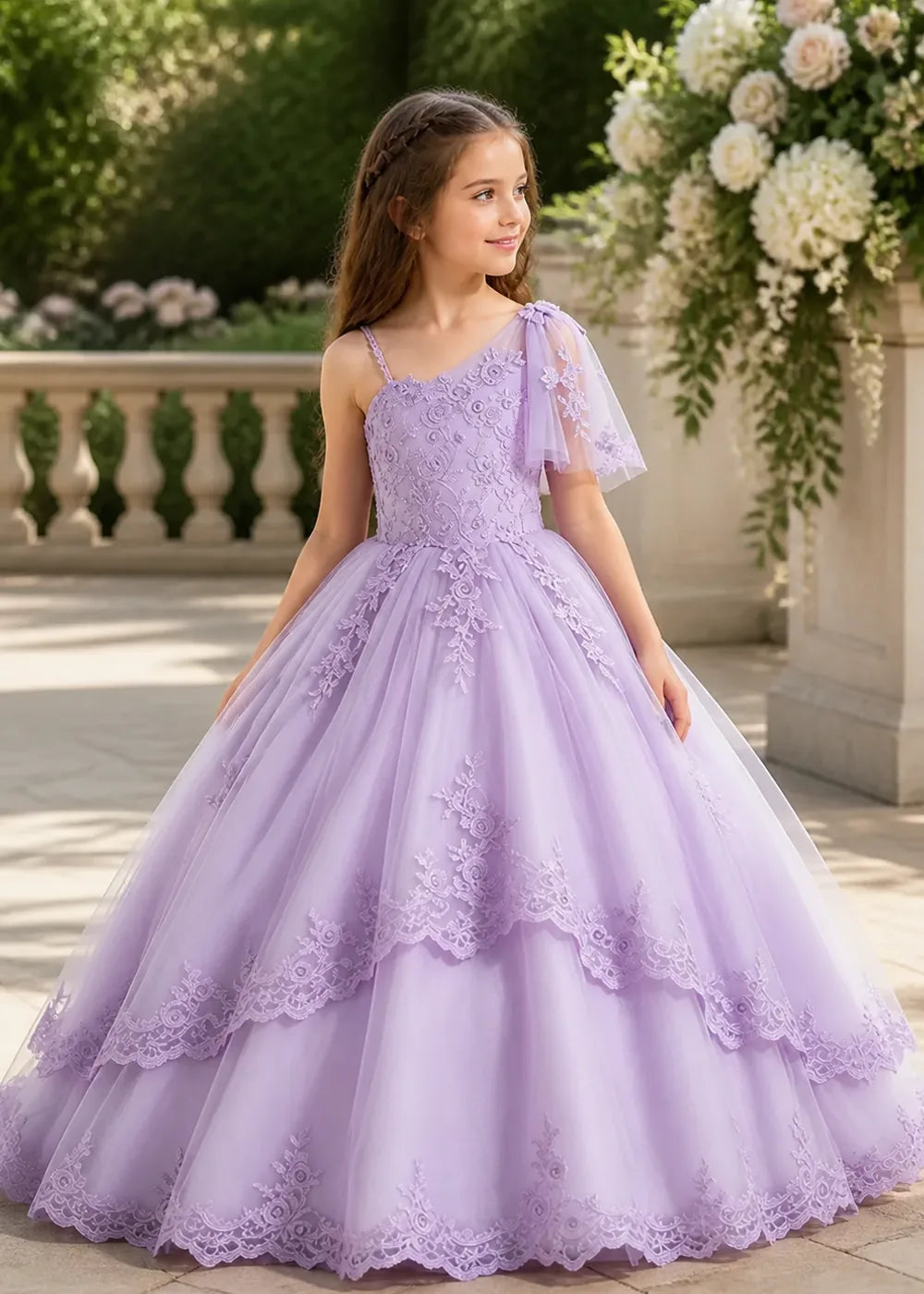 One-Shoulder Floral Lace Flower Girl Ball Gown Dress