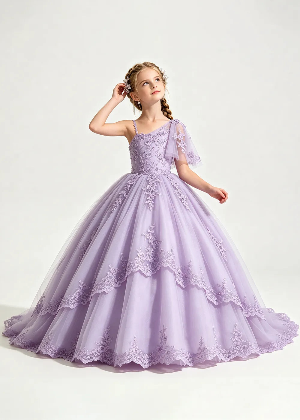 One-Shoulder Floral Lace Flower Girl Ball Gown Dress