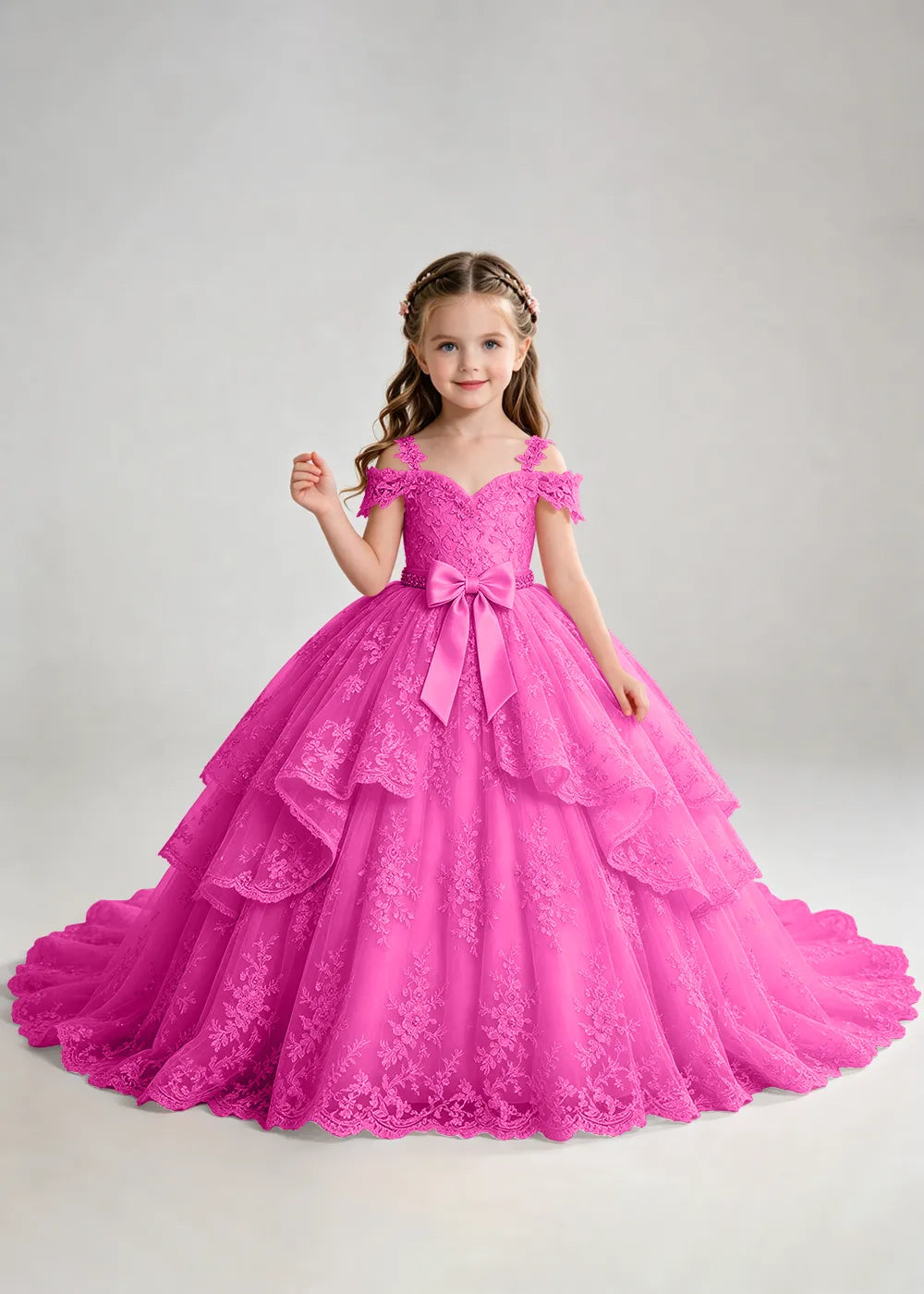 Bow Waist Floral Lace Flower Girl Ball Gown Dress