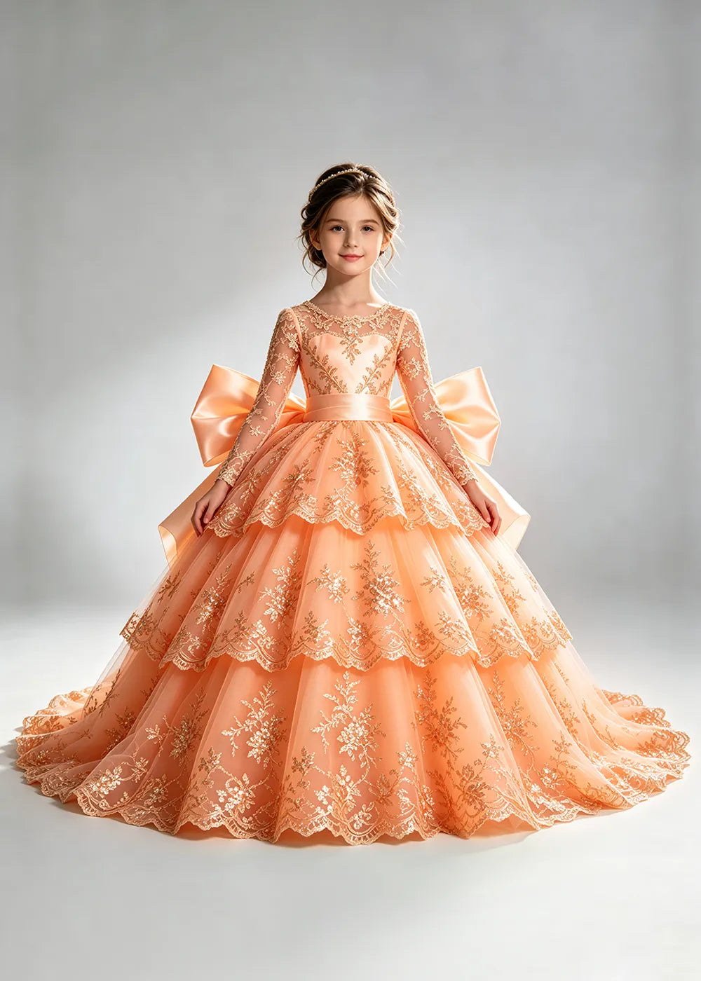 Long Sleeve Lace Flower Girl Dress with Sash Bow and Tiered Skirt