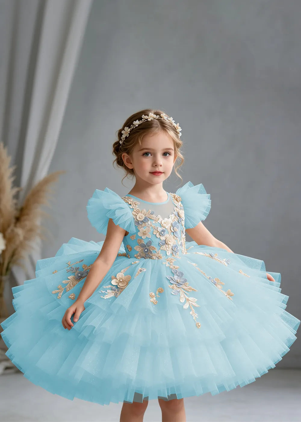 Flower girl dress in Aqua Blue, front view.
