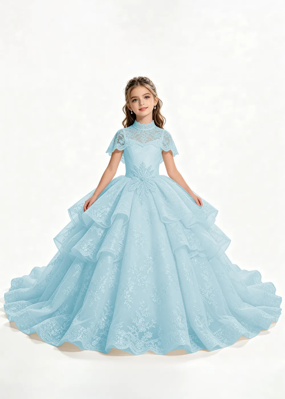 Flower girl dress in Aqua Blue, front view.