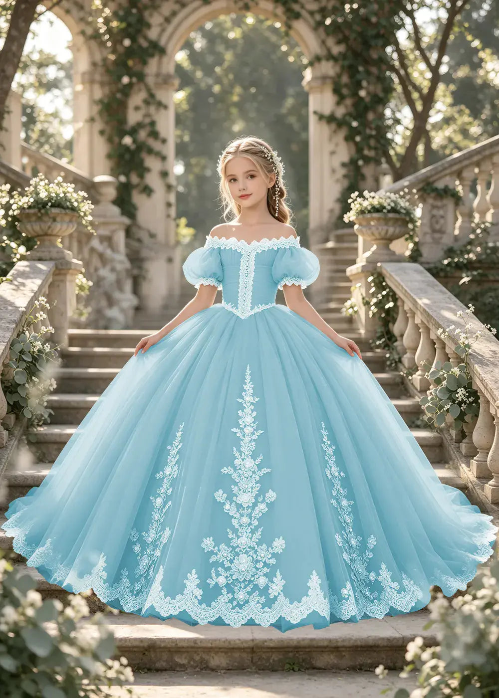 Flower girl dress in Aqua Blue, front view.