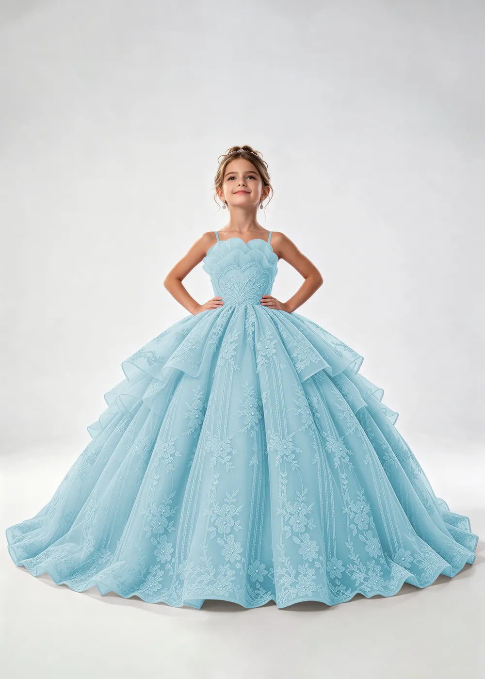 Flower girl dress in Aqua Blue, front view.