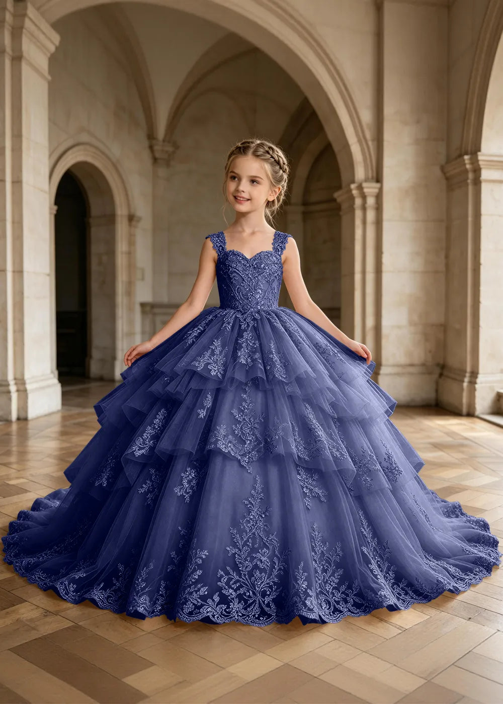 Tiered Lace Sleeveless Flower Girl Ball Gown Dress