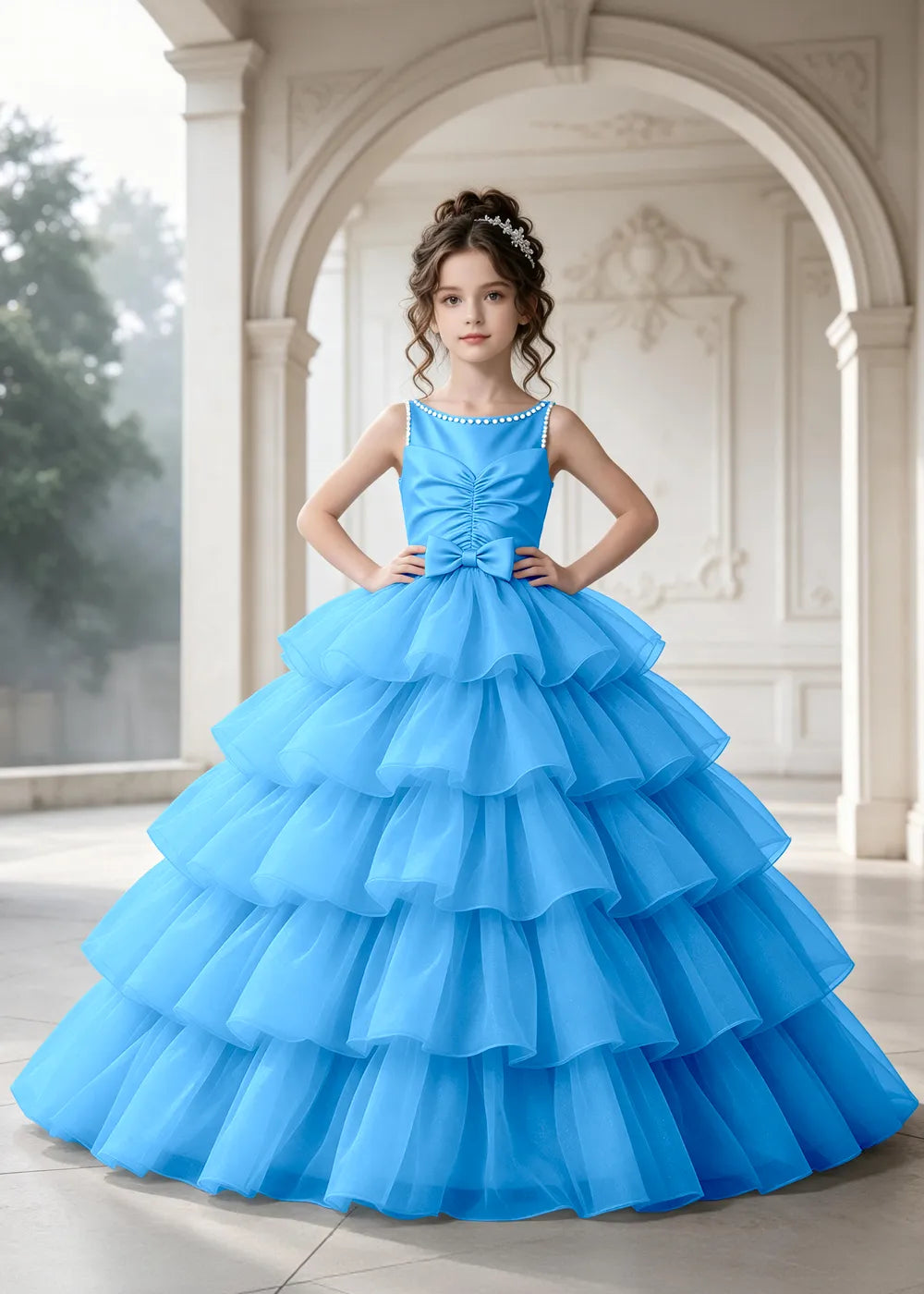 Flower girl dress in Aqua Blue, front view.