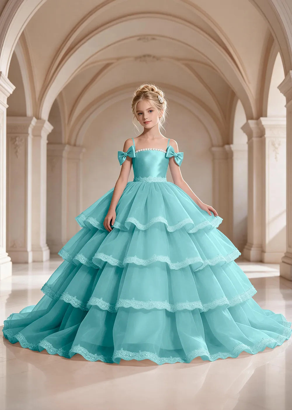 Light Blue Four-Tier Bow-Shoulder Flower Girl Dress
