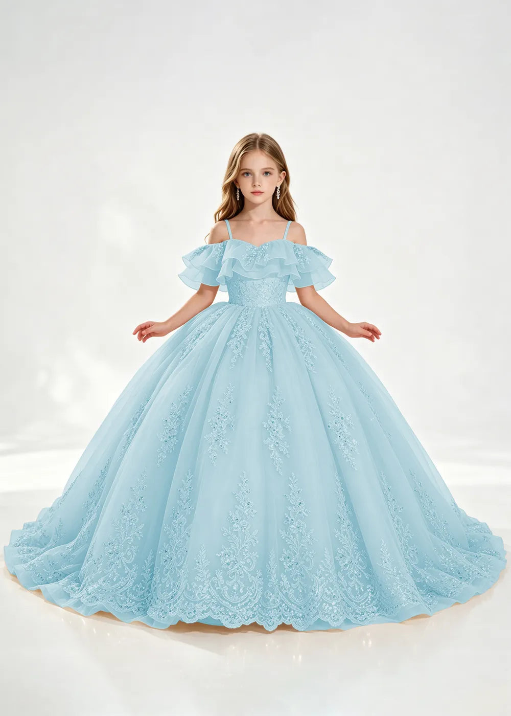 Champagne Off-Shoulder Lace-Hem Flower Girl Dress