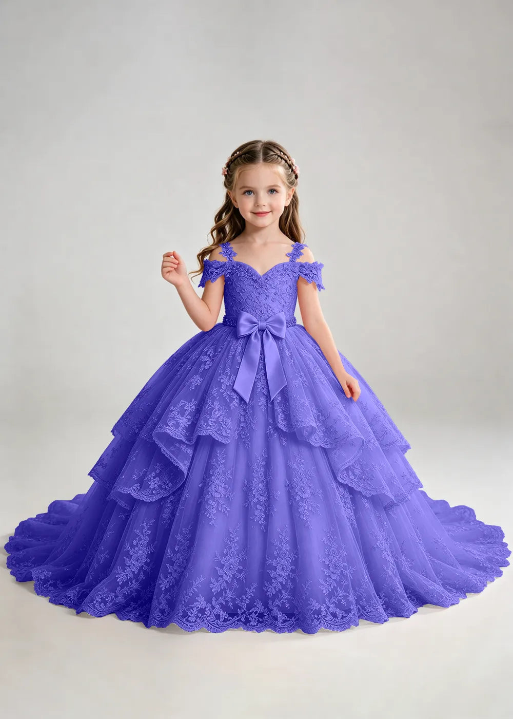 Bow Waist Floral Lace Flower Girl Ball Gown Dress