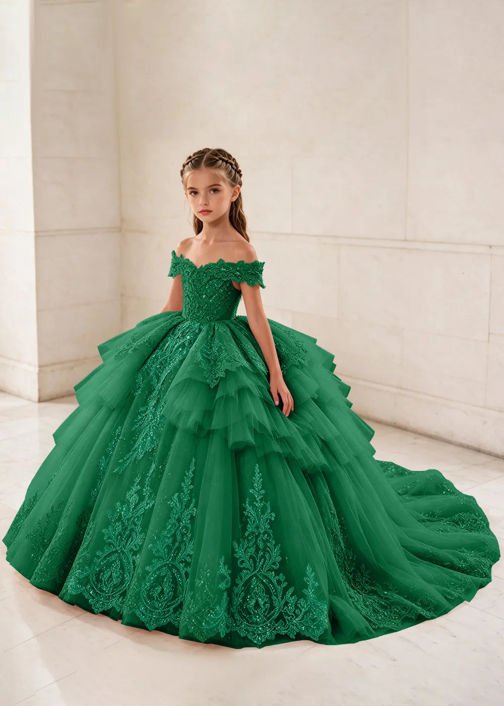 Ruffled Off Shoulder Lace Flower Girl Ball Gown Dress