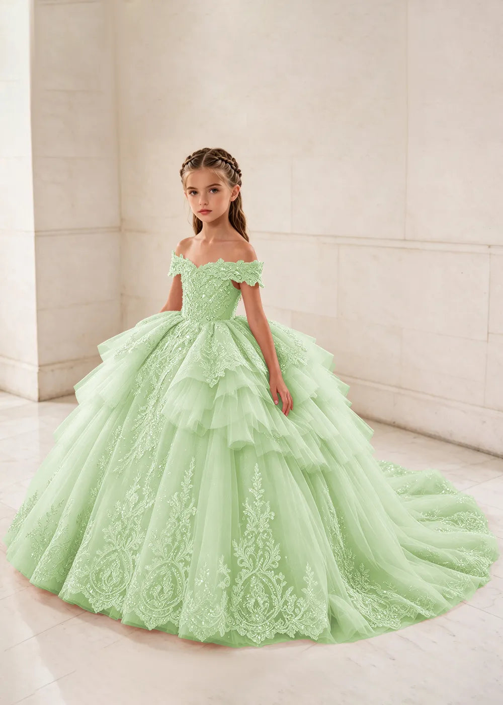 Ruffled Off Shoulder Lace Flower Girl Ball Gown Dress