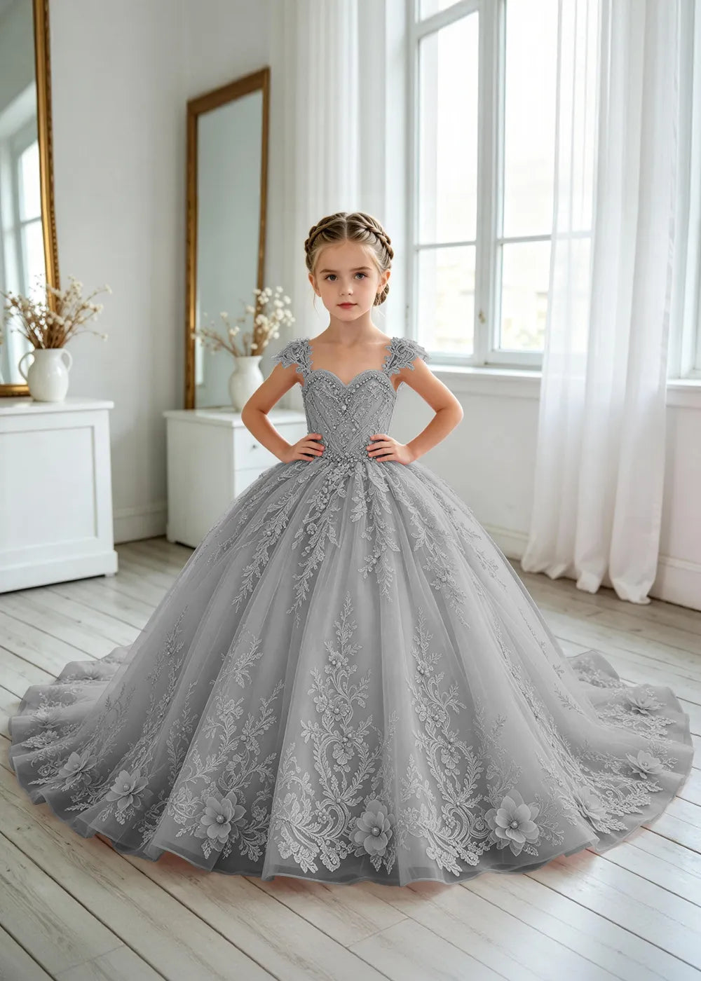 Floral V-Neck Lace Princess Dress for Girls