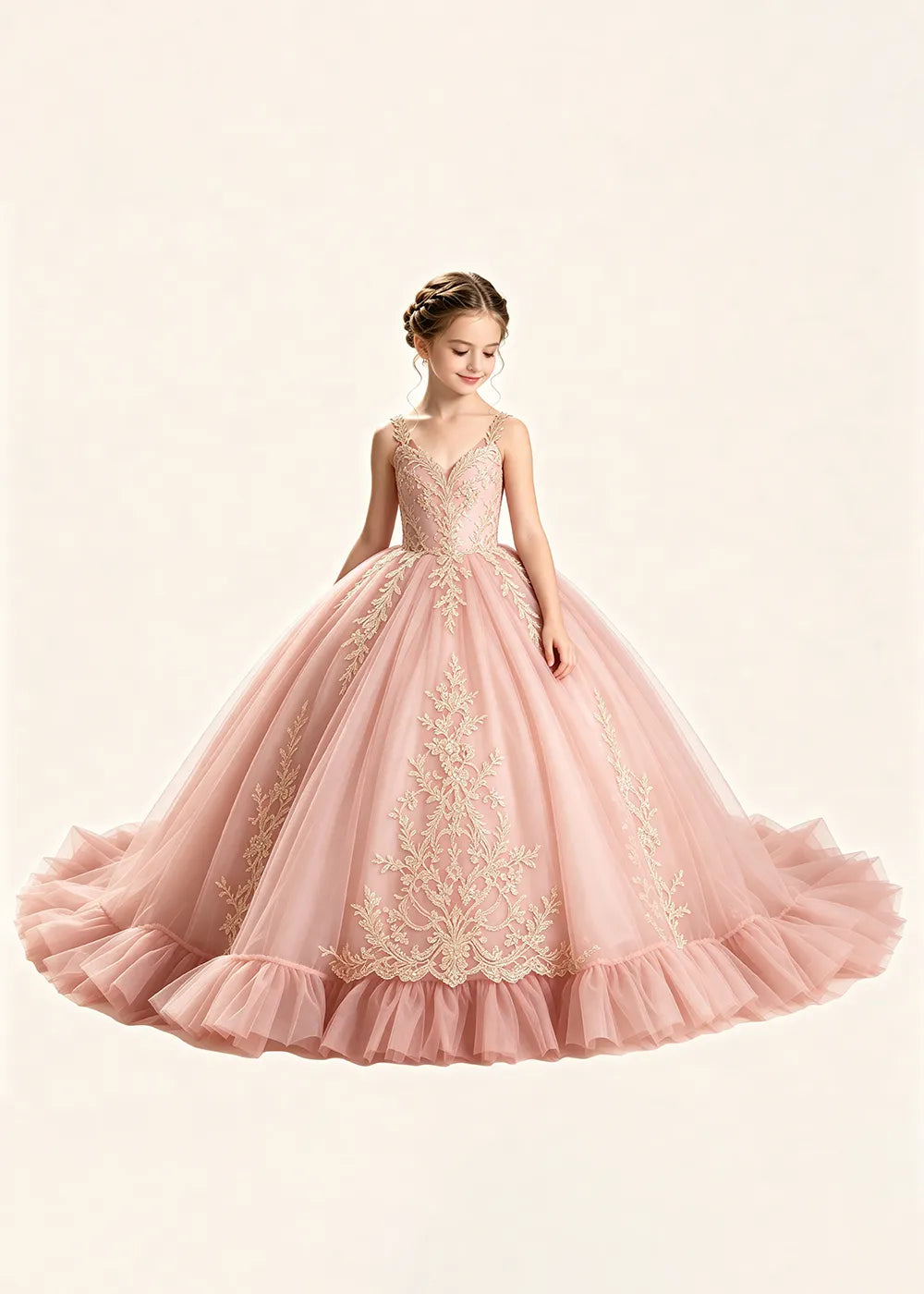 Gold Appliqué V-Neck Flower Girl Ball Gown Dress