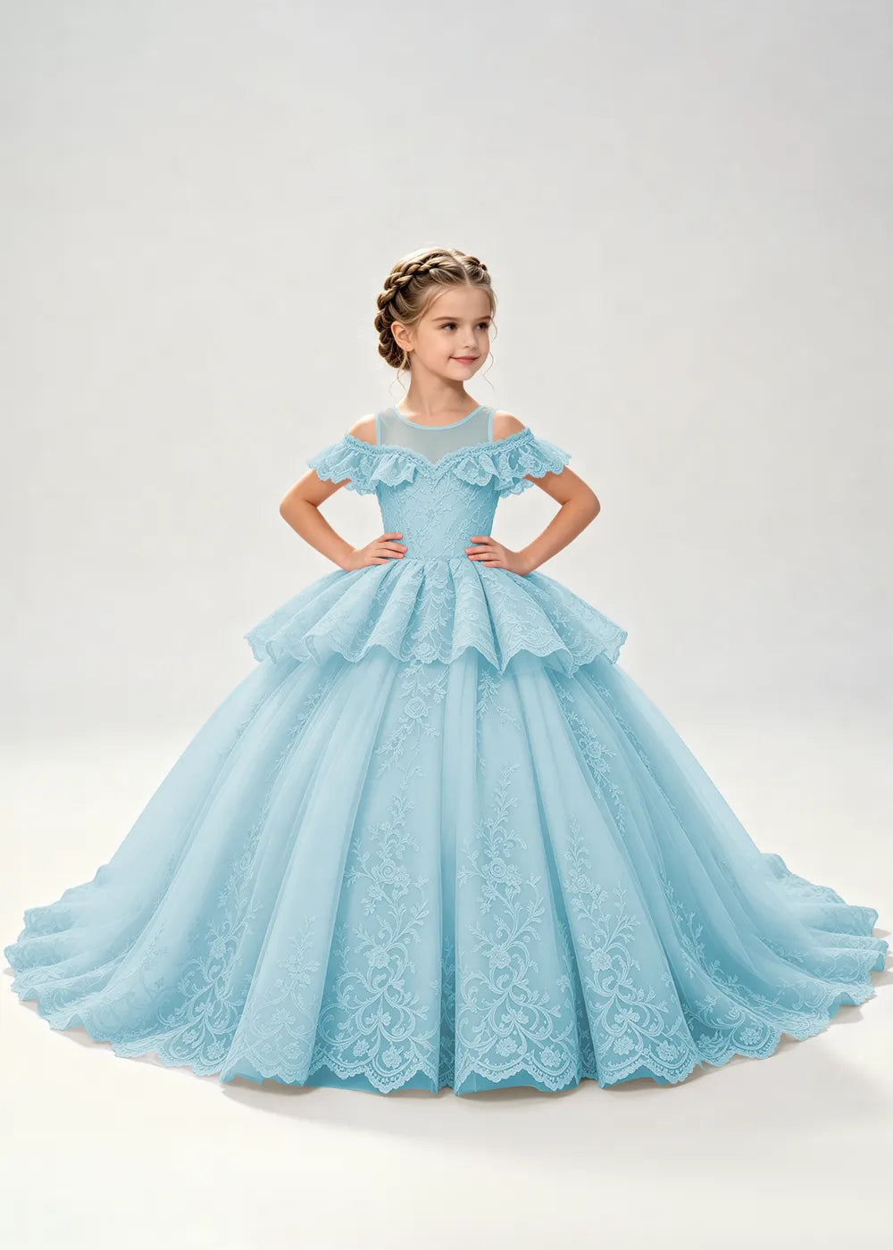 Illusion Neck Tiered Lace Flower Girl Ball Gown Dress