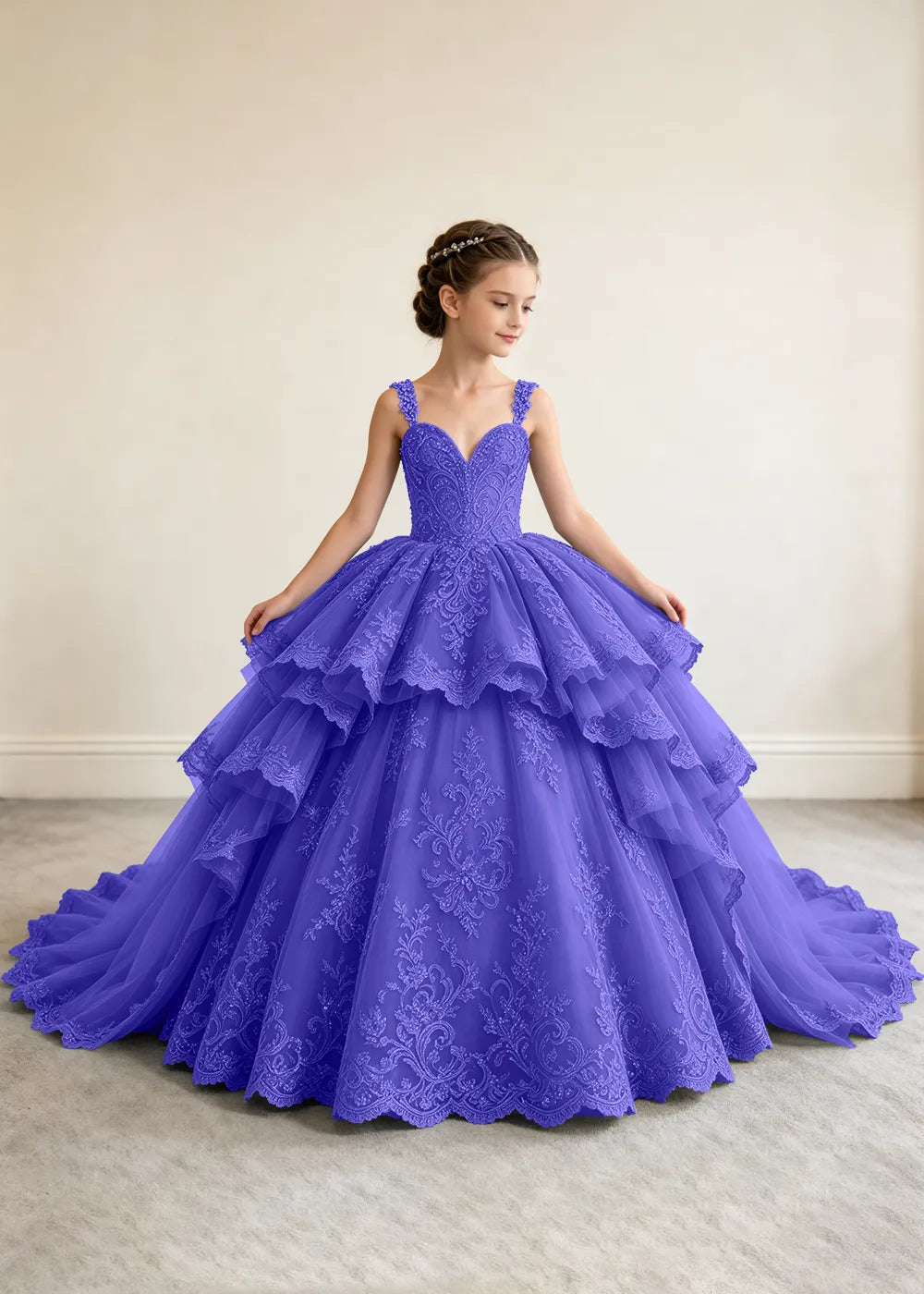 V-Neck Tiered Lace Flower Girl Ball Gown Dress