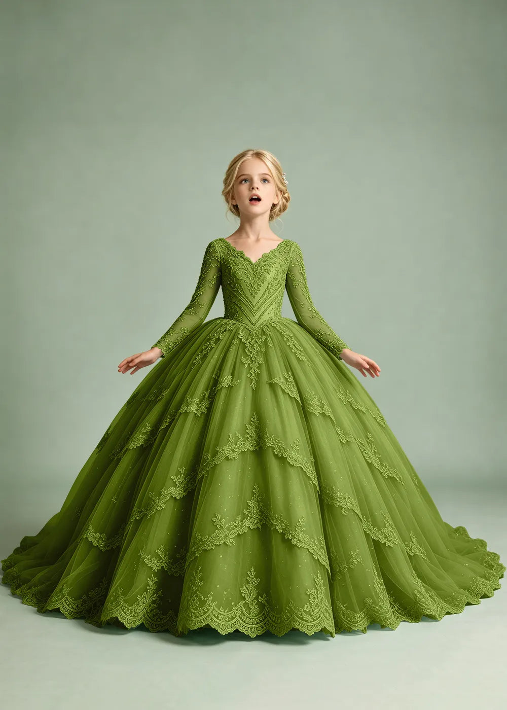 Long Sleeve Floral Lace Flower Girl Ball Gown Dress