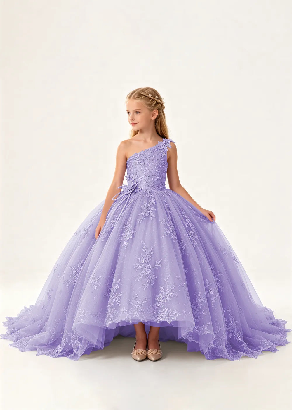 One-Shoulder High-Low Lace Flower Girl Ball Gown Dress